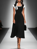 Vestido midi para mujer con bloques de color, escote cuadrado, manga tipo cap y ajuste en la cintura MDA2447F4Y