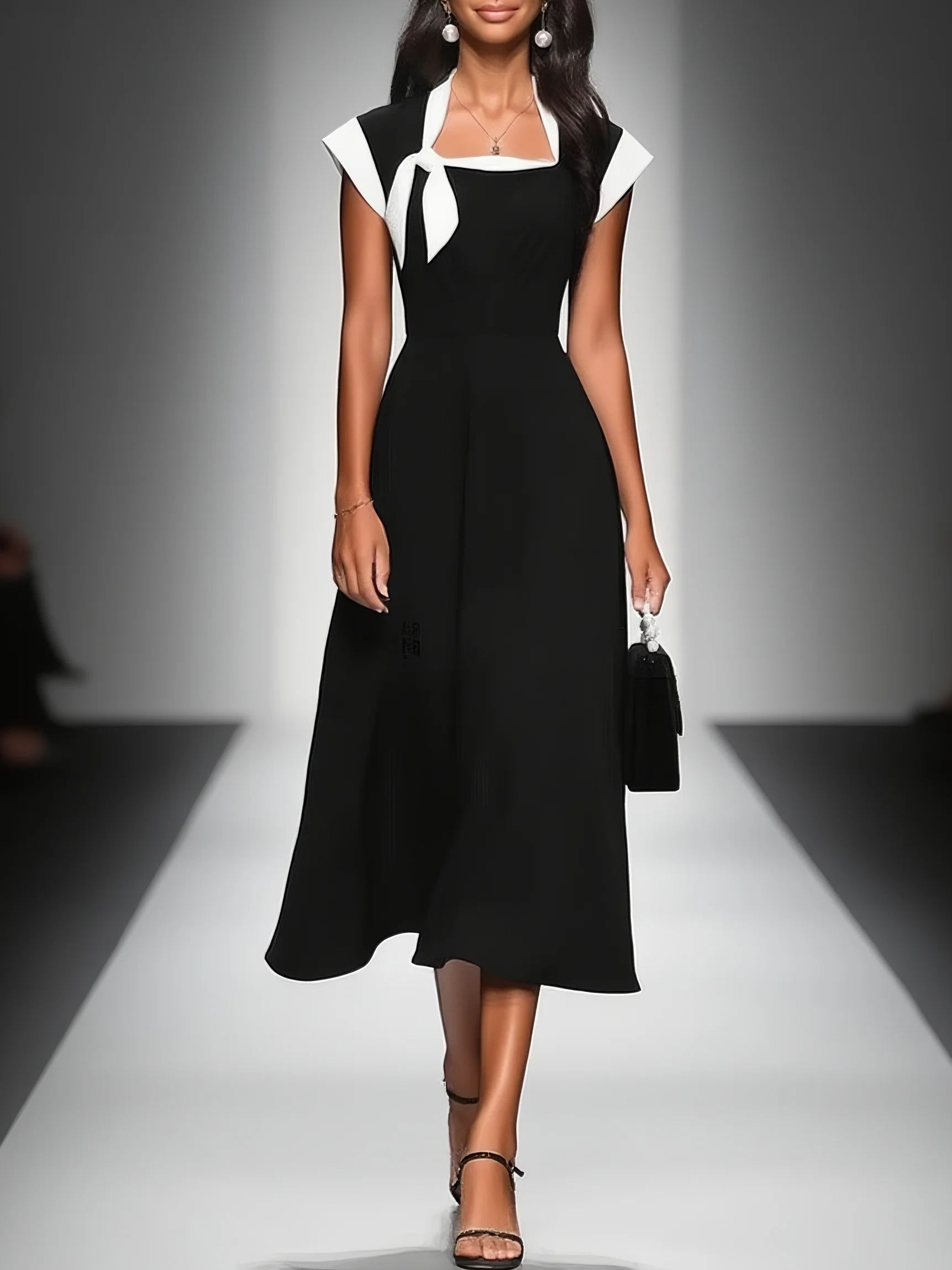 Vestido midi para mujer con bloques de color, escote cuadrado, manga tipo cap y ajuste en la cintura MDA2447F4Y