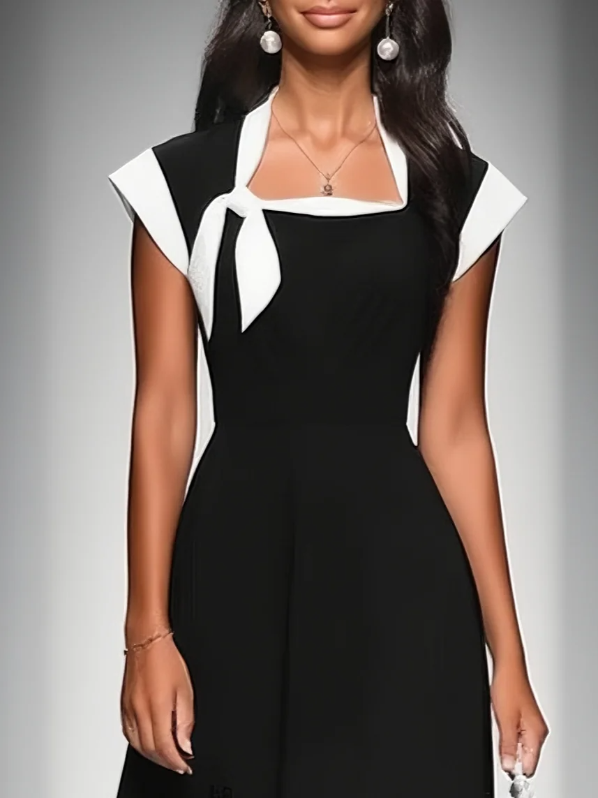 Vestido midi para mujer con bloques de color, escote cuadrado, manga tipo cap y ajuste en la cintura MDA2447F4Y