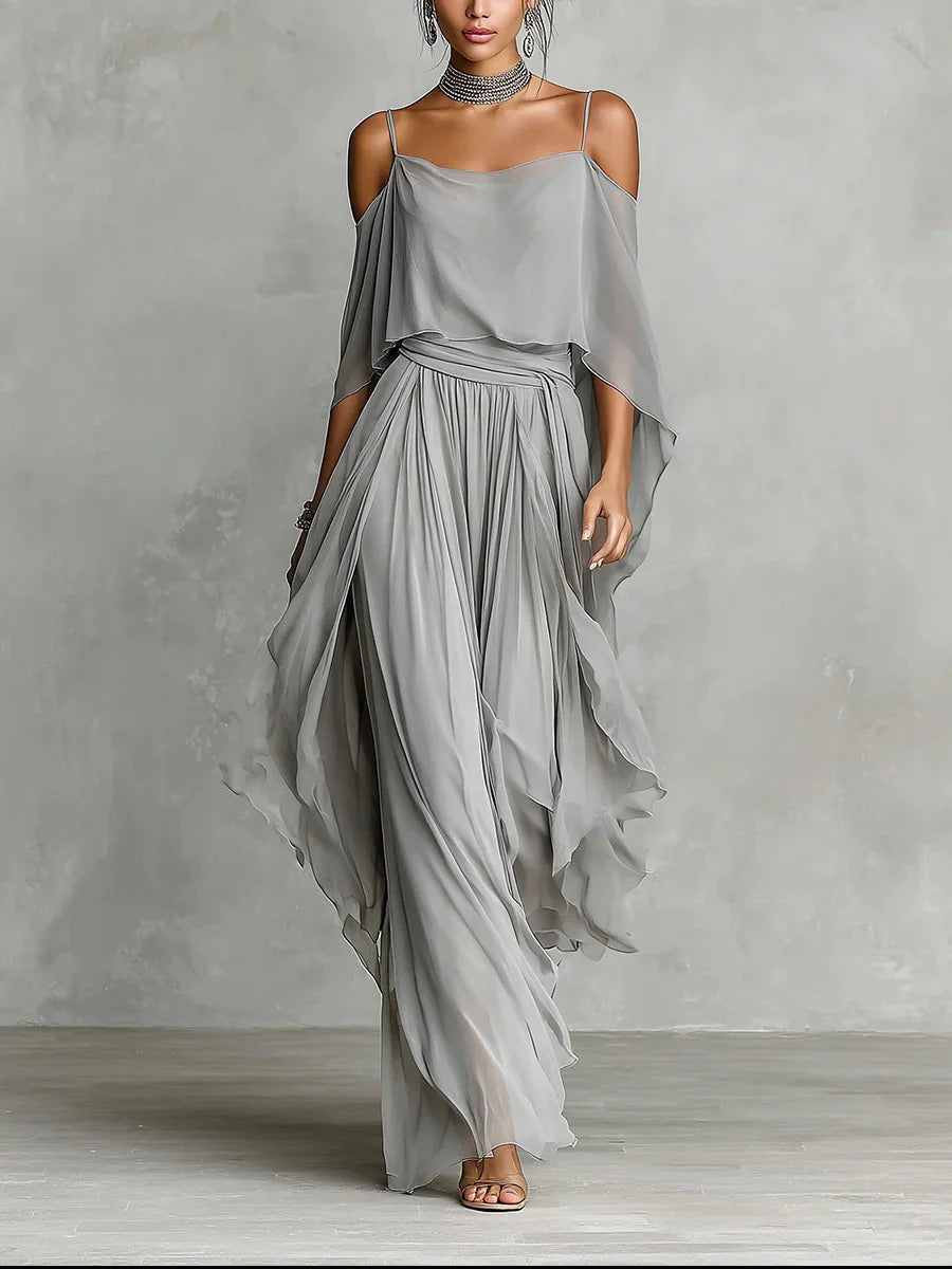 Isabela | Conjunto fluido gris con top de tirantes y pantalón ligero